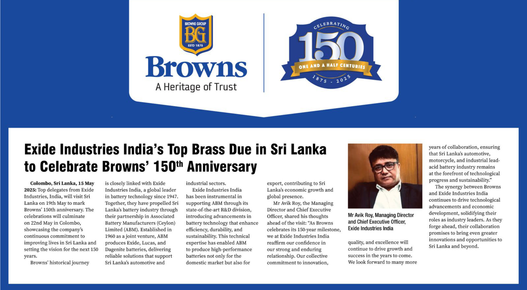 Exide Industries India’s Top Brass Due in Sri Lanka  to Celebrate Browns’ 150th Anniversary