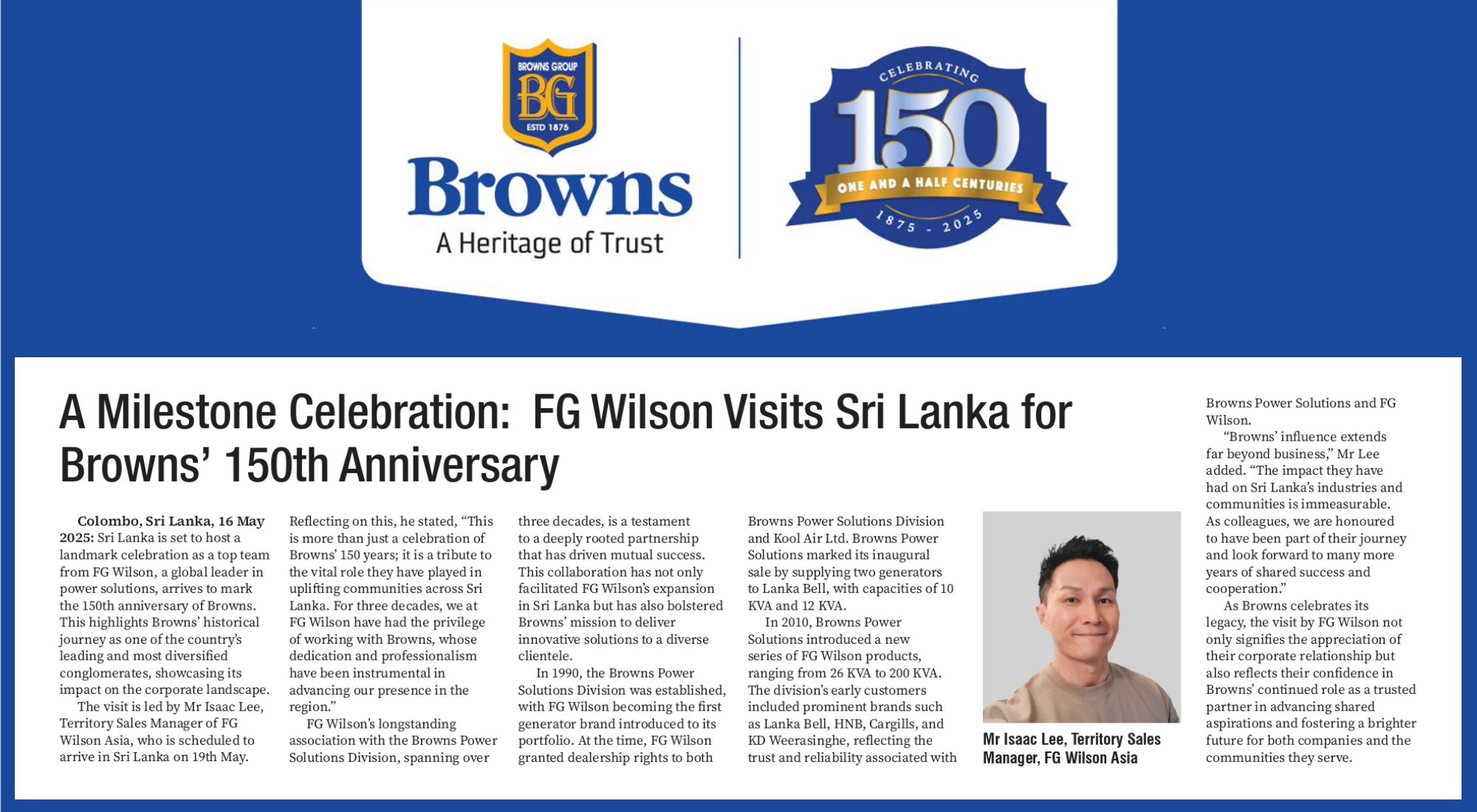 A Milestone Celebration: FG Wilson Visits Sri Lanka for  Browns’ 150th Anniversary